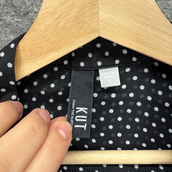 KUT Shirt Women L Large Black Polka Dot Button Up V-Neck Long Sleeve Sheer - Picture 3 of 6